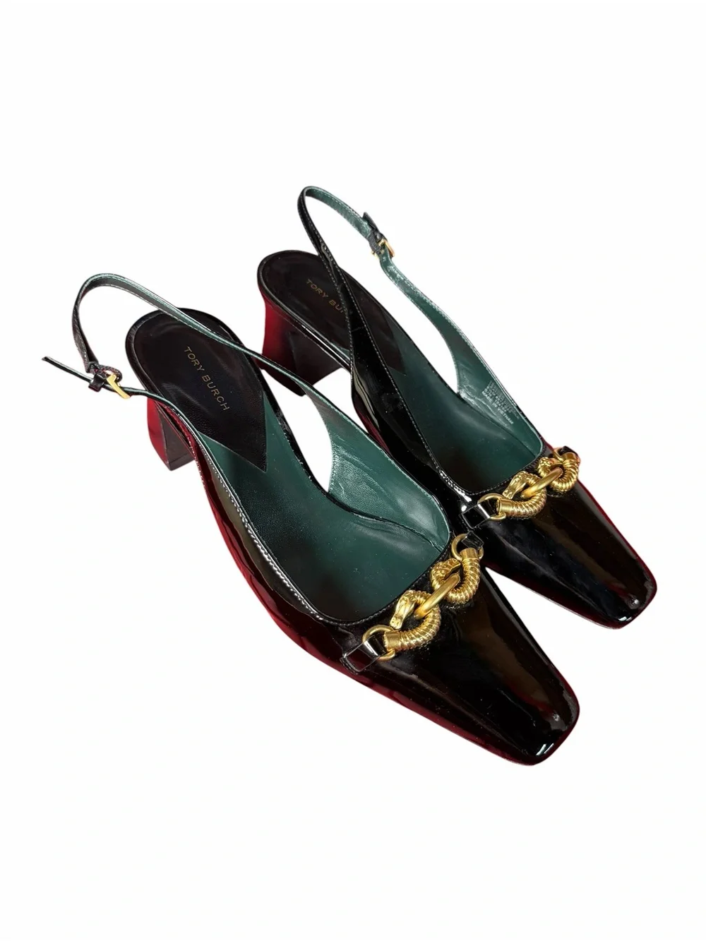 Tory Burch Jessa Slingback Pumps Black Patent Leather Gold Horsebit Size 9.5